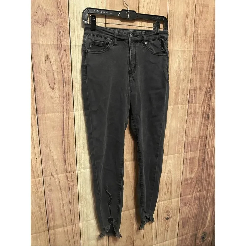 Kancan 5/26 black high rise skinny ankle jeans fringe pants womens